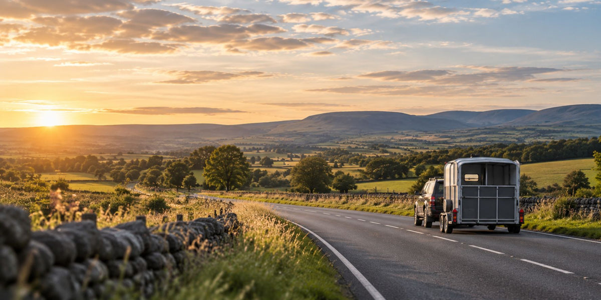 Car towing a twin-axle trailer on a rural UK road.